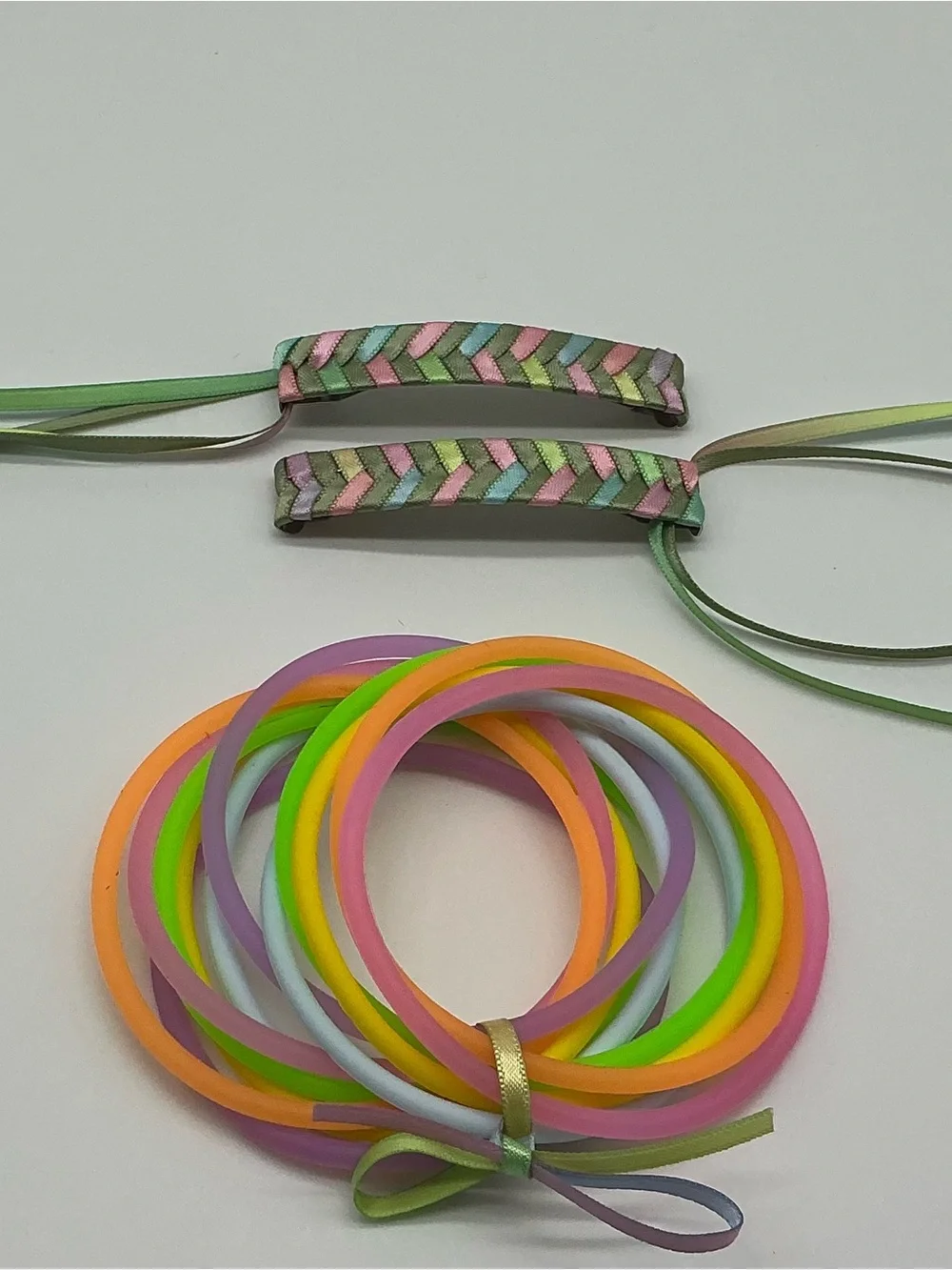 Pastel Green and Pastel Rainbow 80s Barrettes & 12 Jelly Bracelets
